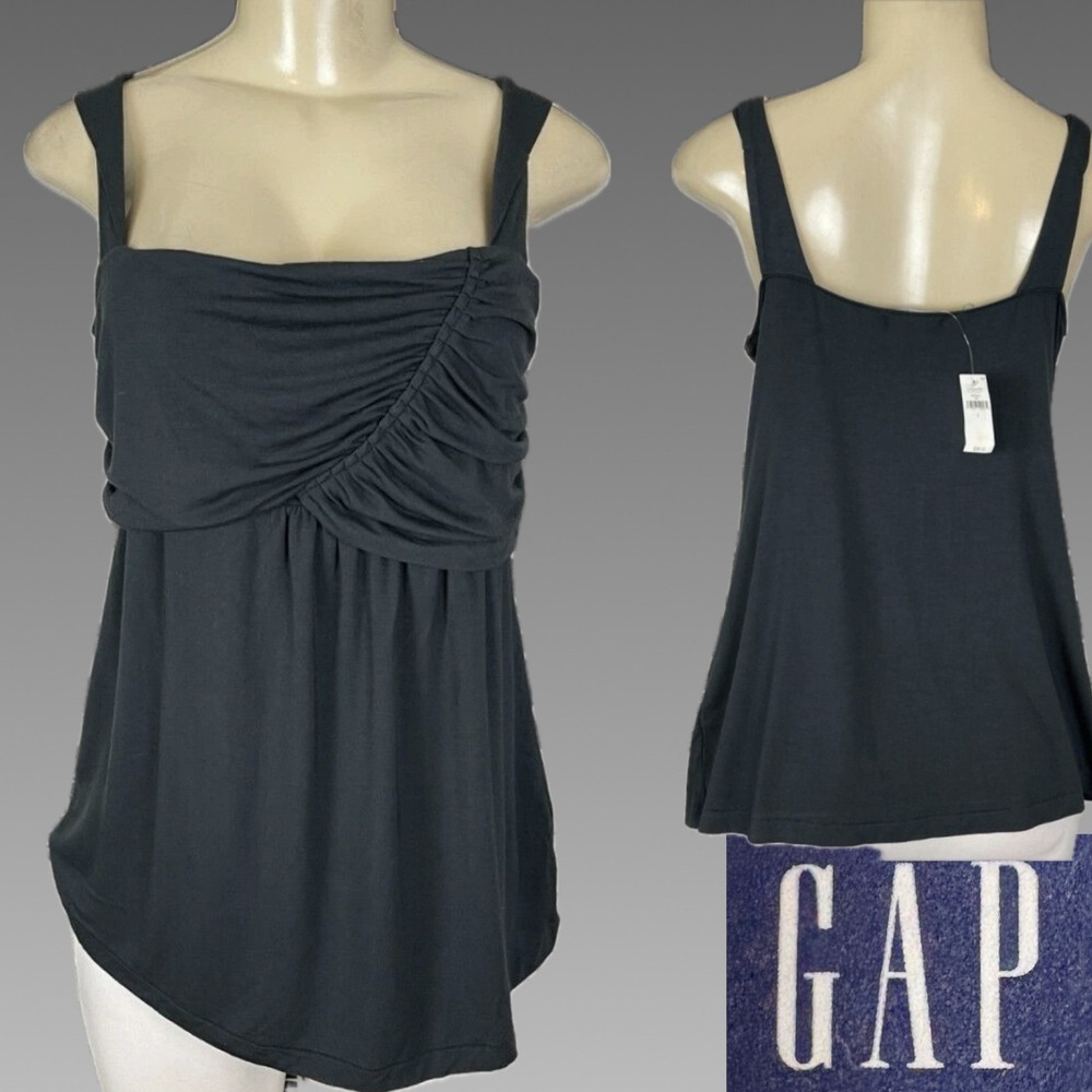 GAP L Dark Gray Ruched Front Square Neckline Tank Top Wide Straps Stretch Knit